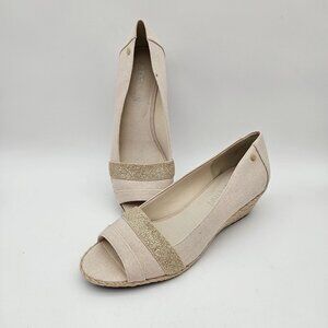 Aubrey Lynn Patricey Cream Gold Metallic Peep Toe Wedge Espadrille Womens 8.5